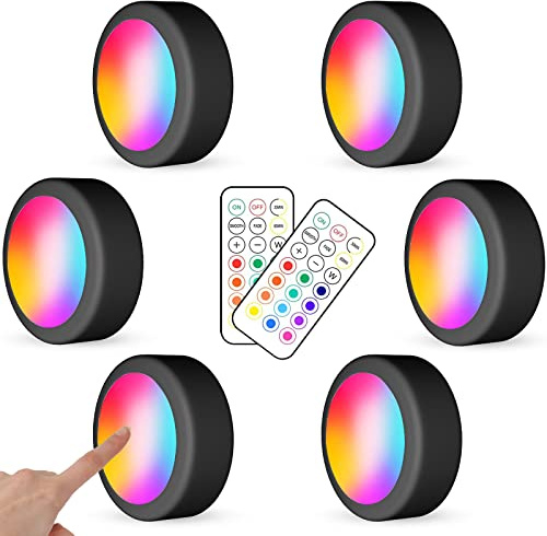 WUYOR 6 Stück Schrankbeleuchtung mit Fernbedienung, RGB 13 Farben LED Spots | kabellos unterbauleuchte batterie, dimmbare, timer, led vitrinenbeleuchtung puck lights für küche kleiderschrank