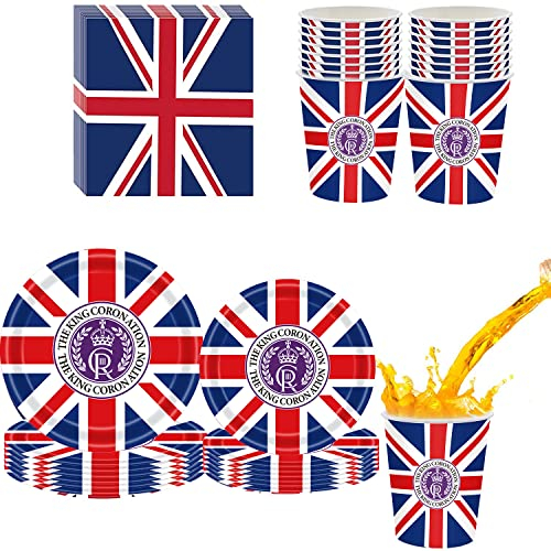 Vacclo 68 Piece King Charles III Coronation Party Tableware Set, British Flag Tableware Set, Perfect for Royal Themed Parties, Union Jack Party Supplies