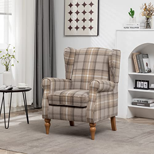AZRBOPO Wingback Tartan Armchair, Retro Accent Chair Soft Padded Fabric Lounge Padded Sofa Chair, Retro Check Leisure Chair for Living Room Bedroom - Solid Wood Frame - Natural