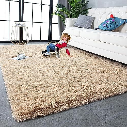 Teppich Shaggy Hochflor für Wohnzimmer Langflor Teppich Hochwertig Hohe Pflegeleicht Fadendichte Wasser Indoor Bodenmatte für Esszimmer Schlafzimme (Camel-Brown, 200×200cm)