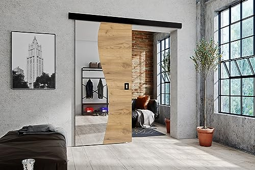 KIER FURNITURE Schiebetüren mit Spiegeln FALA – Schiebetür Komplettset Schiene Komplettset Mit Tür – Zimmertüren Mit Zarge Komplett - B106xH205xT1,6 cm - Eiche Craft Gold