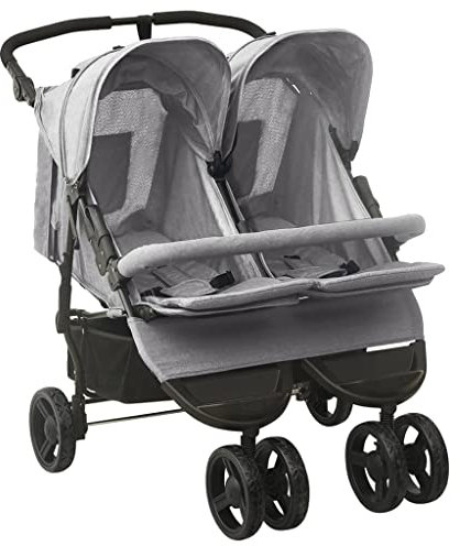 Hommdiy Geschwisterwagen mit Frontstoßstange Korb Zusammenklappbar Verstellbar Kinderwagen Zwillingswagen Zwillingsbuggy Buggy Grau Stahl