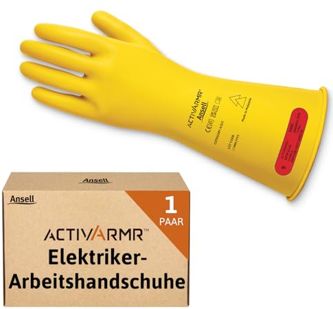 Ansell ActivArmr Elektriker-Schutzhandschuhe, Elektroschutz Klass 0 (1000V), Elektrisch Isolierende Gummihandschuhe, Professionelle Arbeitshandschuhe 36cm, Gelb, Größe 2XL (1 Paar)