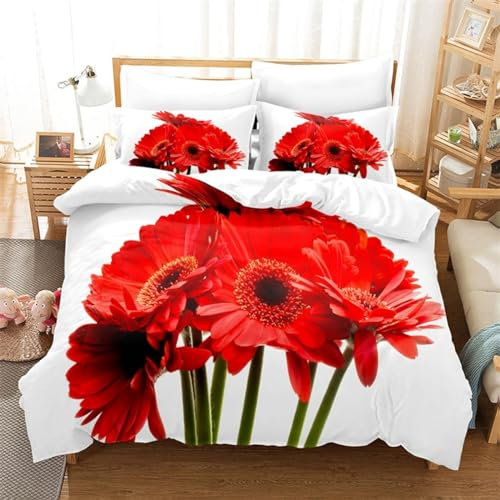 BJCJGGL Bettwäsche 155x220 Rote Chrysantheme Bettwäsche-Set mit Reißverschluss Schließung und 2 Kopfkissenbezug 80x80 cm - Weicher Atmungsaktive Mikrofaser Bettbezug für Kinder Mädchen