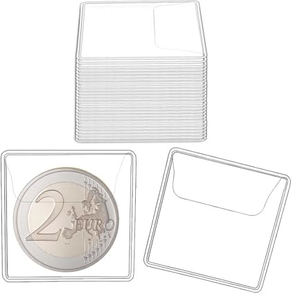 Qivine 200 Stück Tasche Münzhüllenhalter, 5,5 x 5,2 cm Kunststoff Tasche Münzhüllen, Transparente Münzen Hüllen, Münzen Aufbewahrung, für Münzen, Wertmarken, Medaillons, Abzeichen, Schmuck