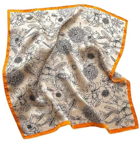 GIMIRO Schal aus imitierter Seide [53 x 53cm] Quadratische Schals Impressionismus-Muster Vintage-Schal für Büroarbeit oder lässigen Bund (Orange/Beige/Black Flower)