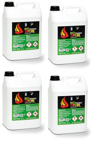 Bioetanolo 20LT Combustibile per Camini, Biocaminetti e Stufe Tepore 2BM | Bio Etanolo Inodore, Alcool Etilico di Origine Vegetale, Eco Compatibile, Pulito, Liquido | Cartone 4 Taniche 5 Litri