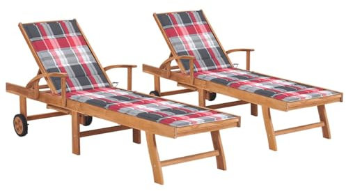 Rantry Sun Loungers 2 Pieces with Red Square Cushion in Teak Furniture, Sun Loungers, Sofa Bed Furniture, Garden Loungers, Pool Lounger, Garden Sun Lounger