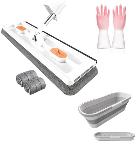 Mopa plana grande Magic 2024, mopa de microfibra autoescurrida con almohadillas de microfibra, rotación de 360 grados en húmedo y seco para limpieza de suelos (blanco, fregona + 2 paños + cubo)