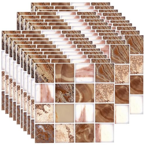 Ledeak 30 Pezzi Adesivi per Piastrelle Cucina, 10x10cm piastrelle adesive bagno, Impermeabile Autoadesivo Paraschizzi Cucina Adesivo, Resistenti ai Graffi e Rimovibili Adesivo Murale (Marrone)