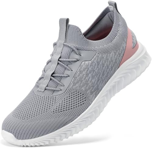 HKR Ladies Trainers Slip on Shoes Women Memory Foam Orthopedic Shoes Plantar Fasciitis Trainers Womens Walking Shoes Casual Arch Support Women Gym Sneakers Light Gray Pink UK 5.5