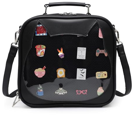 CHERRY SAUCE Cat Ita Bag Crossbody Bag Umhängetasche Rucksack Satchel Kawaii Geldbörse mit Pin Display, Update/Schwarz