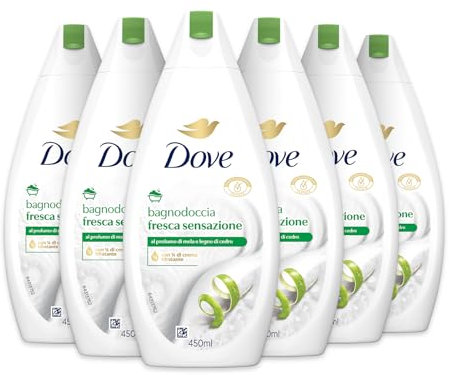 Dove Bagnodoccia Fresca Sensazione, Idratante Dermo-Naturale, Mela e Legno di Cedro, 1/4 Crema Idratante, Dermatologicamente Testato, Bagnoschiuma Uomo e Donna, 100%Bottiglia Riciclata*6 Pezzi x 450ml