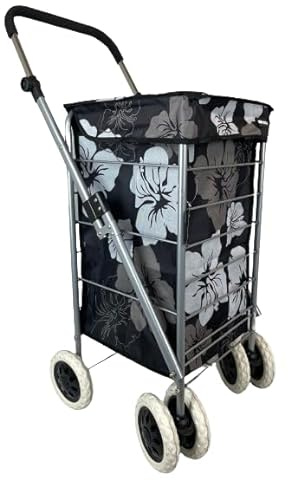 Hampton & Stewart Modern 6 Wheel Foldable Shopping Trolley Bag Grocery Festival Shopping (Black Flower)