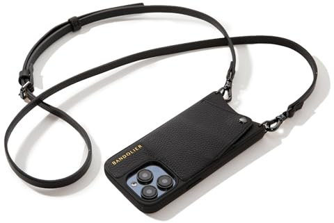 Bandolier Emma - Funda Tipo Cartera para iPhone 16 Pro MAX. 100% Piel auténtica de guijarros. Correa Cruzada Ajustable y extraíble. Tarjetero con Cierre a presión. Negro con herrajes de Peltre