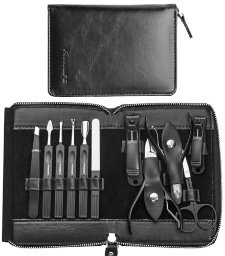 FAMILIFE Professional Manicure Set, Manicure Kit, Nail Clippers Set, 11 in 1 Stainless Steel Black Pedicure Tool, Nail Kit with Portable Leather Travel Case Luxury Gifts