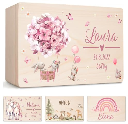 Little Deco Personalisierte Erinnerungskiste Baby Holzkiste | L - 40 x 30 x 22 cm | Hasen Geschenk Geburt Aufbewahrungskiste Geburtstag Spielzeugkiste für Mädchen XHL1023-01L