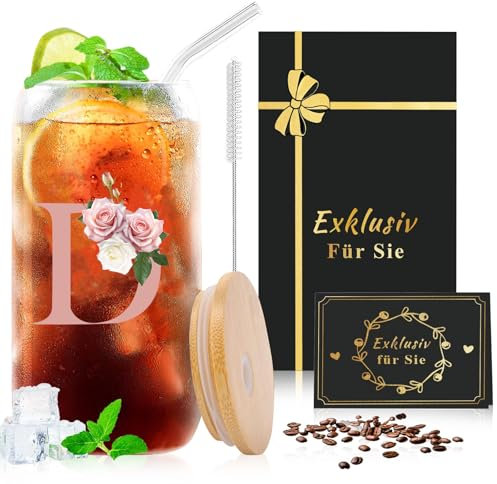 CIGAA Taza de cristal con letras A-Z con tapa y pajita, 500 ml, vaso para batidos, zumos, batidos, cervezas, ideal para regalos