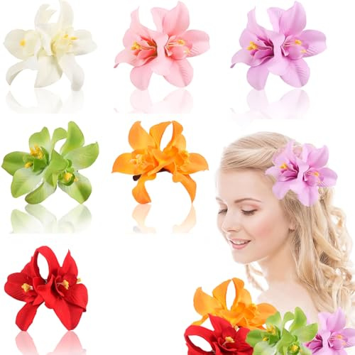6 stycken Hawaii-blommor för kvinnor, hårspännen för flickor, färgglada orkidéer, hårnålar, tillbehör för hawaiiska blomklor, lämpliga för resor utomhus, semester vid havet