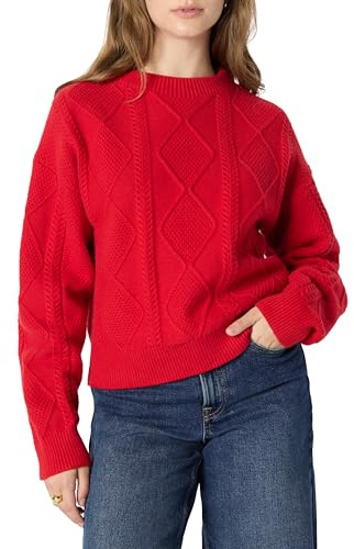 Amazon Essentials Women's Relaxed-Fit Cable Crewneck Sweater, Red, Large