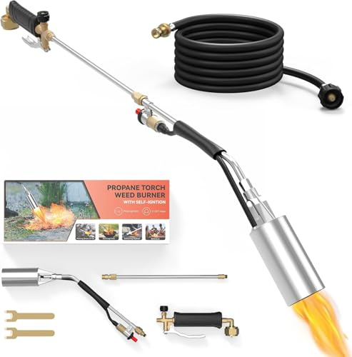 SEVENMEET Propane Torch Weed Burner, Weed Torch with 11.5FT Hose, Heavy Duty Blow Torch for Weed with Self Igniter Turbo Trigger, Flame Weeder for Weeding, Roofing, BBQ (Black)