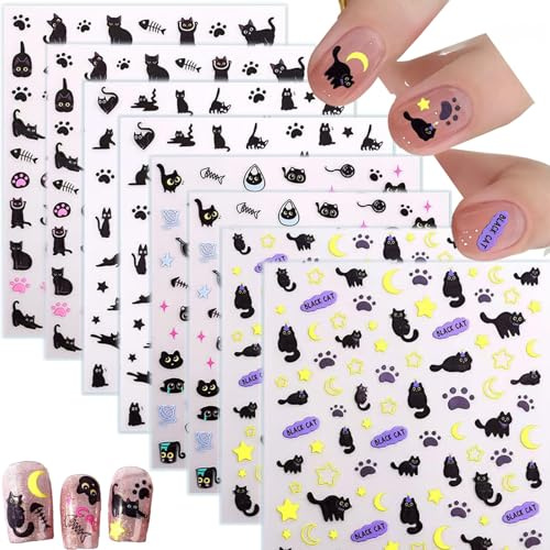 BelleFlair 8 Bögen Nagelsticker Selbstklebend, Schwarze Katze Nageltattoos, Süß Cartoon Nagelaufkleber für Kinder Frauen Mädchen, Nail Sticker für Nageldesign Dekoration.