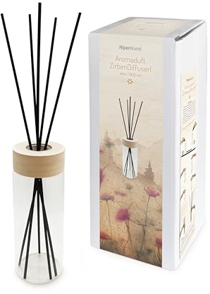 AlpenXund ZirbenDiffuserl 600ml, Raumduft-Diffuser, Glasflasche mit Zirbenholz-Aufsatzring, Schwarze Reed-Diffusor-Sticks/Aromastäbchen