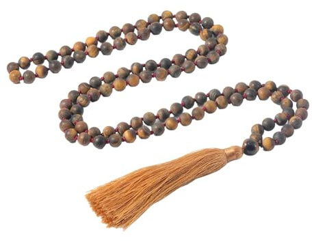 Generisch 108 Mala-Perlen-Knotenkette für Männer und Frauen,Natürliches Tigerauge-Steinarmband,Lange Halskette Mit Quaste,Gebet,Spirituelle Meditation,Schmuck,Geschenke