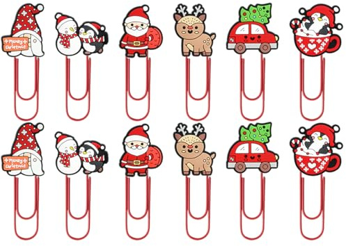 YUVKIN 12 Pezzi Segnalibri Natalizi in PVC con Graffette (Babbo Natale, Casetta di Neve, Albero di Natale) Robusti e Riutilizzabili per Decorazioni Natalizie e Segnapagine per Adulti