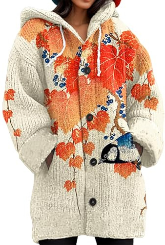 Mfhmom Gilet Femme Long Chaud Oversize Cardigan Hiver Automne Tricoté Knit Épaisse Pull Chic Décontracté Grandes Tailles avec Capuche Sweater Noël Mode Cocooning Imprimé 3D