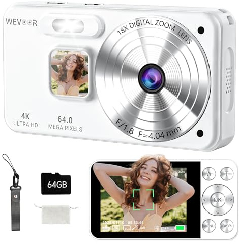 Digitalkamera 4K 64MP, Wevoor Digital Fotokamera 64GB mit Autofokus, 18x Digitalzoom Kamera, 2,8 Bildschirm, 2000mAh Kompaktkamera, Fotoapparat Digitalkamera für Anfänger Kinder Teenager - Weiß