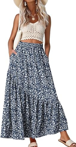 GRECERELLE Women's Maxi Skirt High Waist with Pockets, Blue White Flower, M | Elastic Waist, Tiered A-Line, Casual Boho Floral Pleated Flowy Long Skirts for Summer Beach Vacation, Asymmetrical Tiered Hem