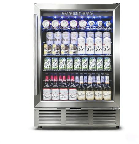 24 Inch Beverage Refrigerator and Wine Cooler: Ultra Quiet ≤30dB, 180-Can Single Zone or 18+88 Dual Zone, Built-In Glass Door Fridge with LED Light for Home Bar, Kitchen (Silver, 180 Can Single Zone)