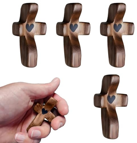 4 Stück Handschmeichler Kreuz, Handgehaltenes Schutzkreuz aus Holz, Jesus-Kreuz aus Holz in Herzform zum Stressabbau, Tragbares Gebetskreuz Geschenkartikel, für Gebet, Meditation und Entspannung