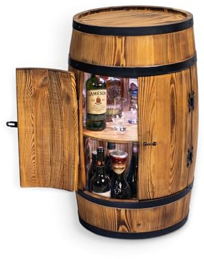 CREATIVE COOPER Fassbar Stehtisch mit Tür und LED - Alkoholschrank Flaschenregal Holz - Holzfass - Fassmöbel - Wineregal - Whiskybar- Weinfass mit Tür - 80 cm (Sonnenverbranntes Eiche)