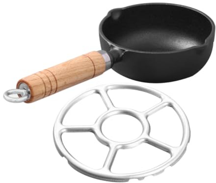 Housoutil Sartén de Hierro Fundido para Huevos Revestimiento Antiadherente y Mango de Madera, Adecuado para Freír y Calentar Grandes Cantidades de Aceite