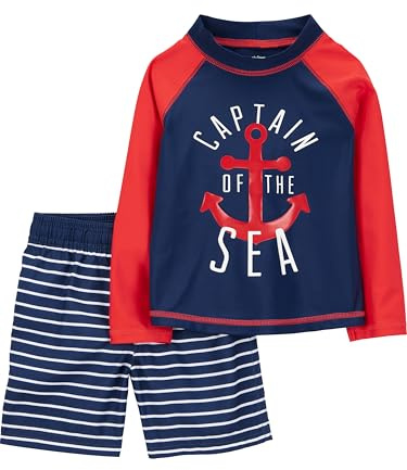 Simple Joys by Carter's Conjunto de traje de baño y camiseta de protección para niños pequeños y bebés, Ancla roja marina/rayas blancas, 6-9 meses