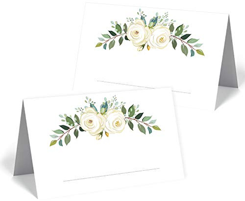 50 edle Premium-Tischkarten --18 Motive zur Auswahl -- Platzkarten 300mg - 5,5 x 8,5cm (eine Seite) - Namenskarten Namensschilder für Hochzeit Feier Taufe Kommunion (grün, creme-2 Blumen)