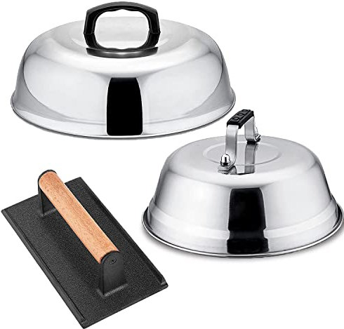Leonyo Teppanyaki Grill Accessory Kit with Grill Press, 9 and 12 Stainless Steel Lid, Heavy Duty Cast Iron Meat Press for Steaks Hamburger Bacon