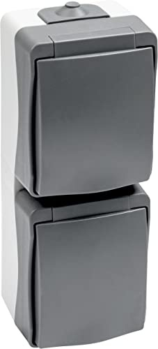 Meister Steckdose Cave 2-fach senkrecht - Aufputz-Montage - IP44 Spritzwasserschutz für Feuchtraum - Bis Leitungsquerschnitt 2,5 mm² - Grau / Feuchtraum-Steckdose / Aufputz-Steckdose / 7407030