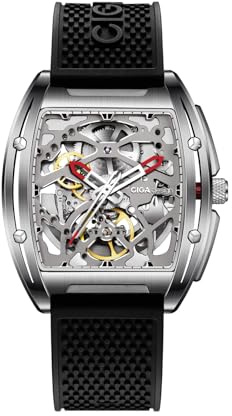 CIGA Design Edge Automatik Uhr Herren | Titan/Edelstahl Gehäuse, Tonneau Beidseitiges Skelettdesign, Silikonarmband, Luxusuhr Geschenk Herren