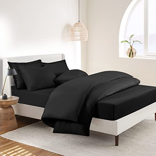RUIKASI Double Duvet Set 4 Piece Black - Duvet Cover Bedding Double Bed Sets Microfiber Fitted Sheet Duvet Cover with Pillow Cases