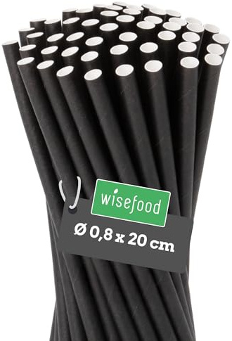 wisefood papperssugrör, 2000 st. Svarta sugrör, Ø 8 mm x 20 cm, fria från PLA/PE, biologiskt nedbrytbara engångssugrör gjorda av robust papper