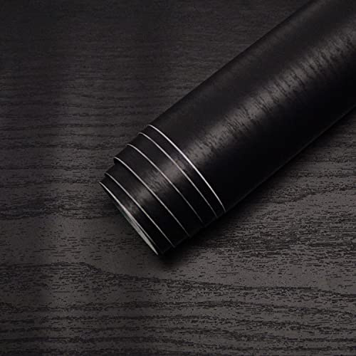 TOTIO Schwarze Tapete mit Holzmaserung Selbstklebende Möbelfolie Eiche Gemusterte Klebefolie Matt Eingedickt 40CMx3M Wasserdicht Dekorative Folie für Schränke, Garderoben, Türen, Tische,Regaleinlagen