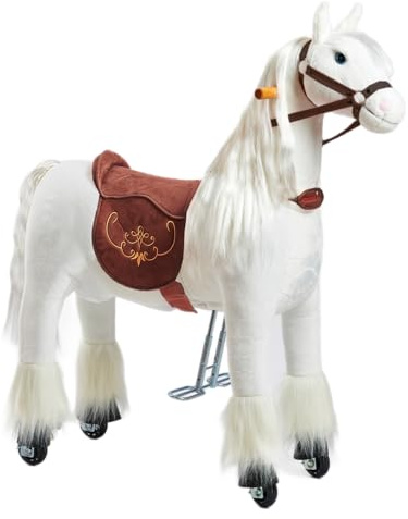 PONNIE Reitpferd mit Rollen Tiara M (5-12 Jahre), Spielpferd zum Reiten mit Abnehmbarer Braun Sattel und Halfter mit Zaumzeug, Kämmbare Mähne und Schwanz, Plüschpferd zum Reiten für Kinder