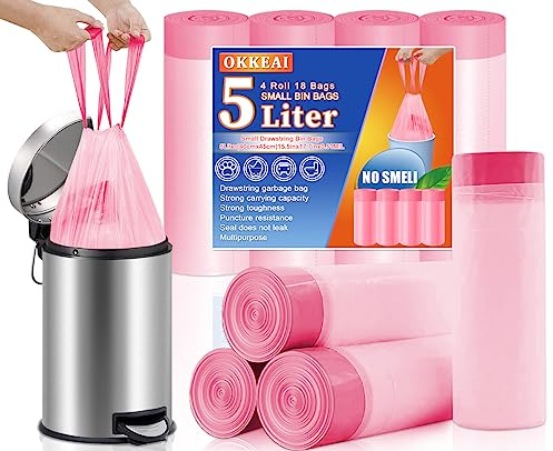 OKKEAI Kleine Müllbeutel, Treteimerbeutel, 5 l, Kunststoff, 72 Stück, rosa Müllbeutel für Badezimmer, Müllbeutel mit Kordelzug, Griff zum Binden
