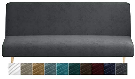 XINEAGE Velvet Futon Cover High Stretch Armless Couch Covers Spandex Fabric Sofa Bed Slipcover Anti Slip Furniture Protector with Elastic Bottom Machine Washable (Futon, Gray)