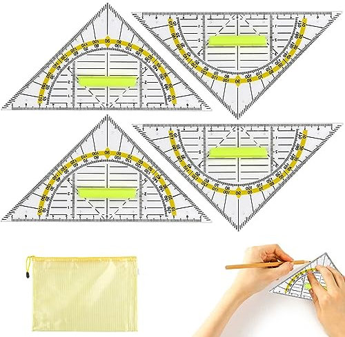 Geodreieck mit Griff,Geodreieck,4 Stück Geodreieck und 1Stück Schreibwarenbeutel Geometrie-Set,Geometrie Dreieck klein,Geometrie-Dreieck mit Griff,Geodreieck aus Kunststoff,Zeichendreieck Winkelmesser