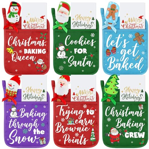Layhit Set di 6 presine natalizie con spatole in silicone, divertenti presine a tema cottura, set regalo resistente per forno, presine tascabili, per regali natalizi da cucina (Babbo Natale)
