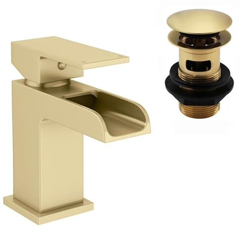 ENKI BBT0266 Plaza Waterfall Slotted Square Basin Mixer Tap, Brushed Brass | Ceramic Disc Valve, 10-Year Guarantee, Flexible Hoses Included, Pop-Up Click Clack, Overflow, Cloakroom Tap, Single Lever